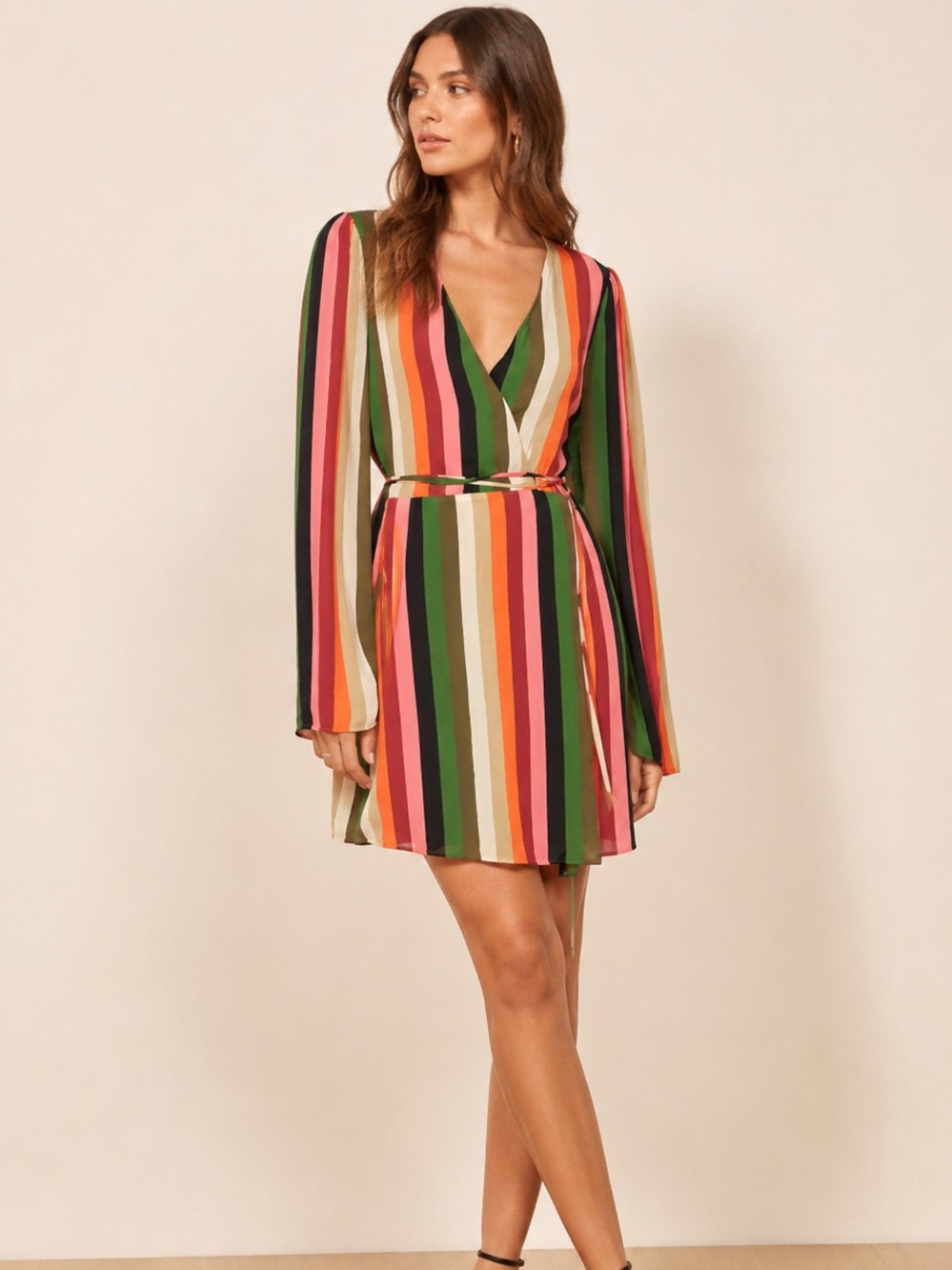 Reformation Boston Rainbow Striped Long Sleeve Mini Wrap Dress size Small